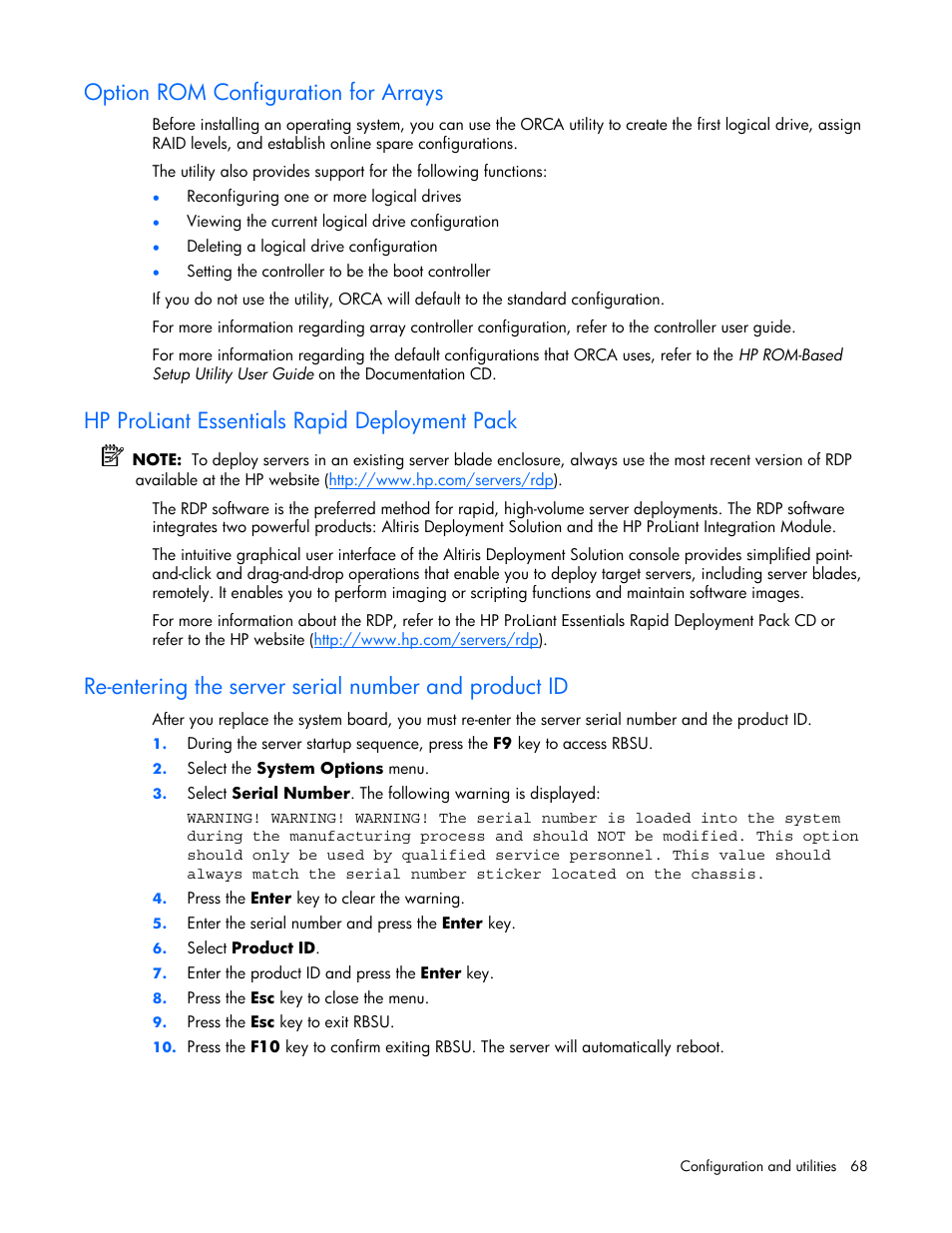 Option rom configuration for arrays, Hp proliant essentials rapid deployment pack | HP ProLiant DL365 Server User Manual | Page 68 / 116