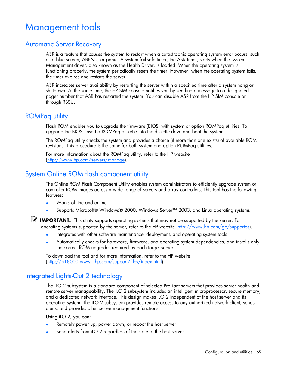 Management tools, Automatic server recovery, Rompaq utility | System online rom flash component utility, Integrated lights-out 2 technology | HP ProLiant DL365 Server User Manual | Page 69 / 116