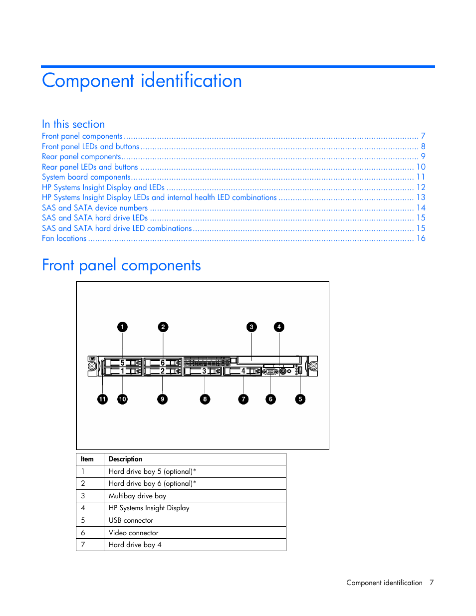 Component identification, Front panel components | HP ProLiant DL365 Server User Manual | Page 7 / 116