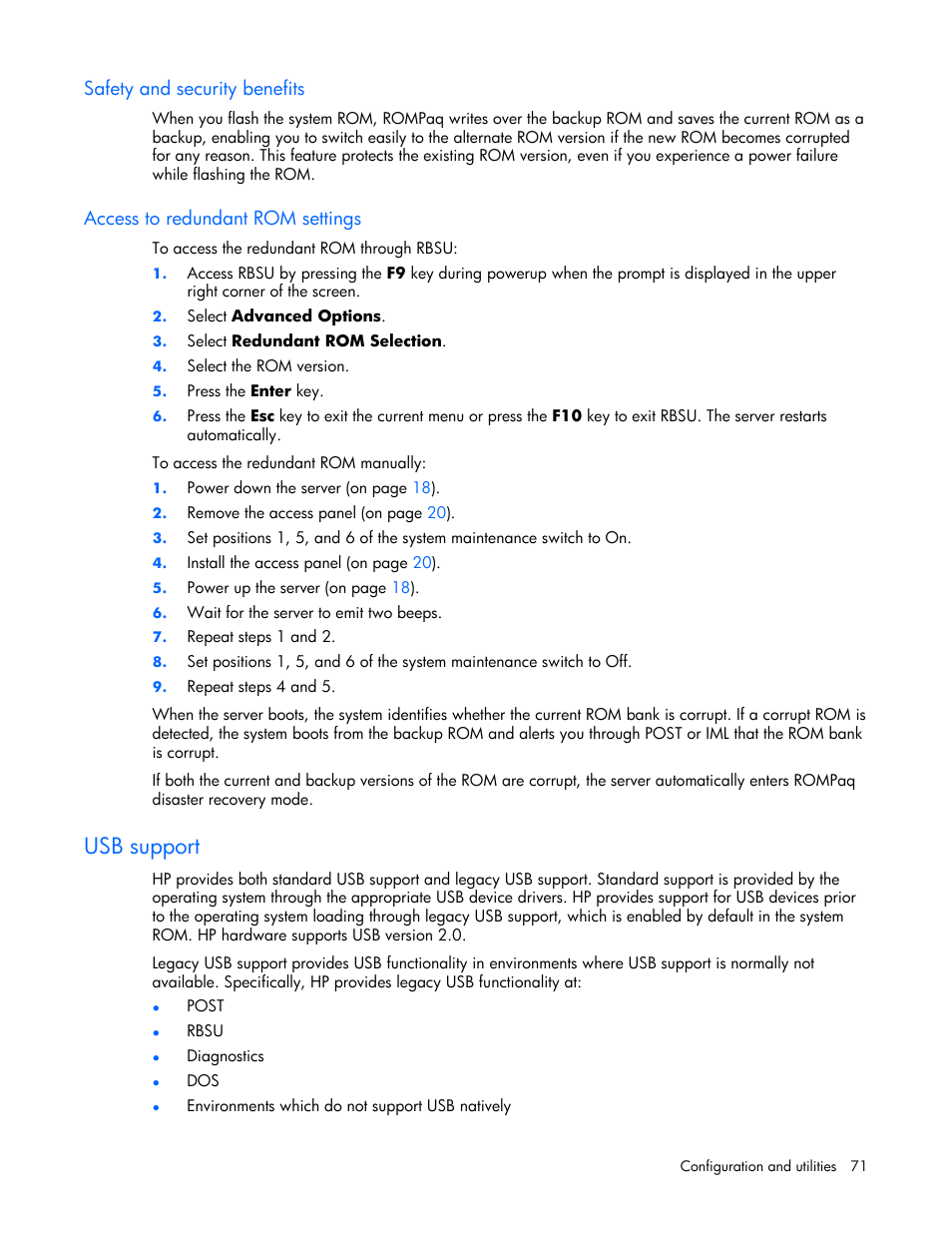 Safety and security benefits, Access to redundant rom settings, Usb support | HP ProLiant DL365 Server User Manual | Page 71 / 116