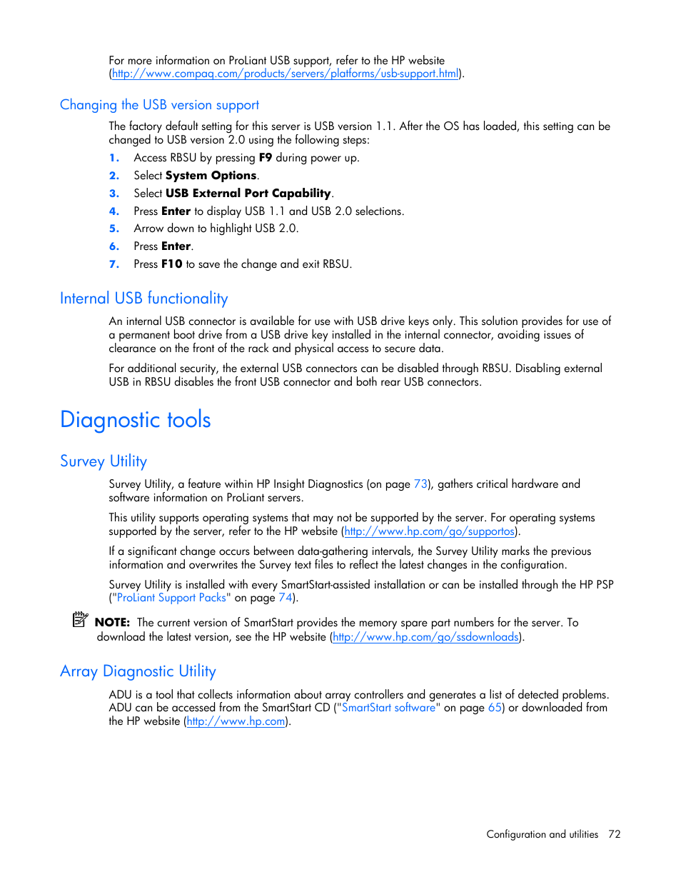 Changing the usb version support, Internal usb functionality, Diagnostic tools | Survey utility, Array diagnostic utility | HP ProLiant DL365 Server User Manual | Page 72 / 116