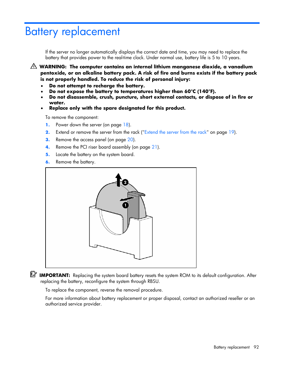 Battery replacement | HP ProLiant DL365 Server User Manual | Page 92 / 116