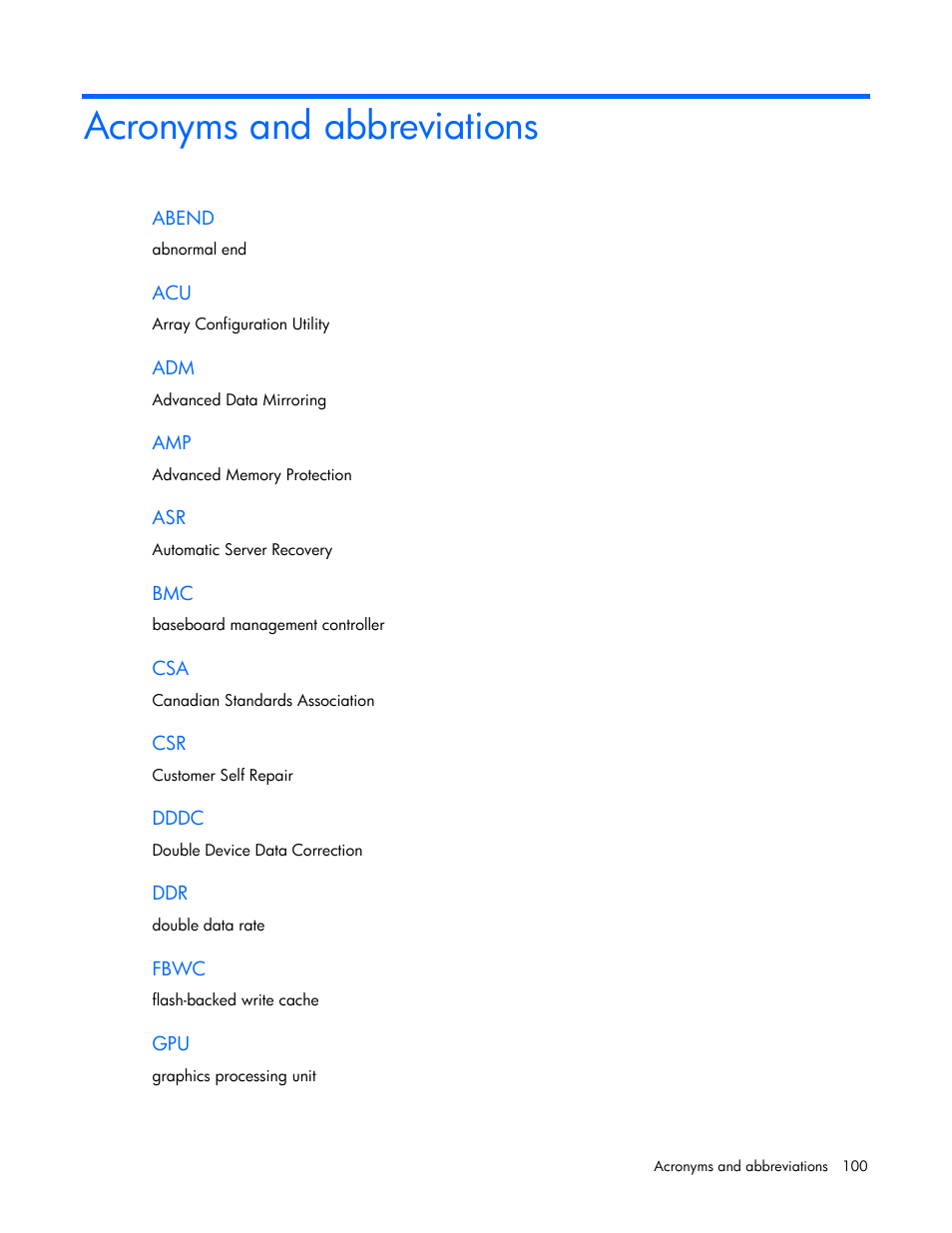 Acronyms and abbreviations | HP ProLiant SL270s Gen8 Server User Manual | Page 100 / 107