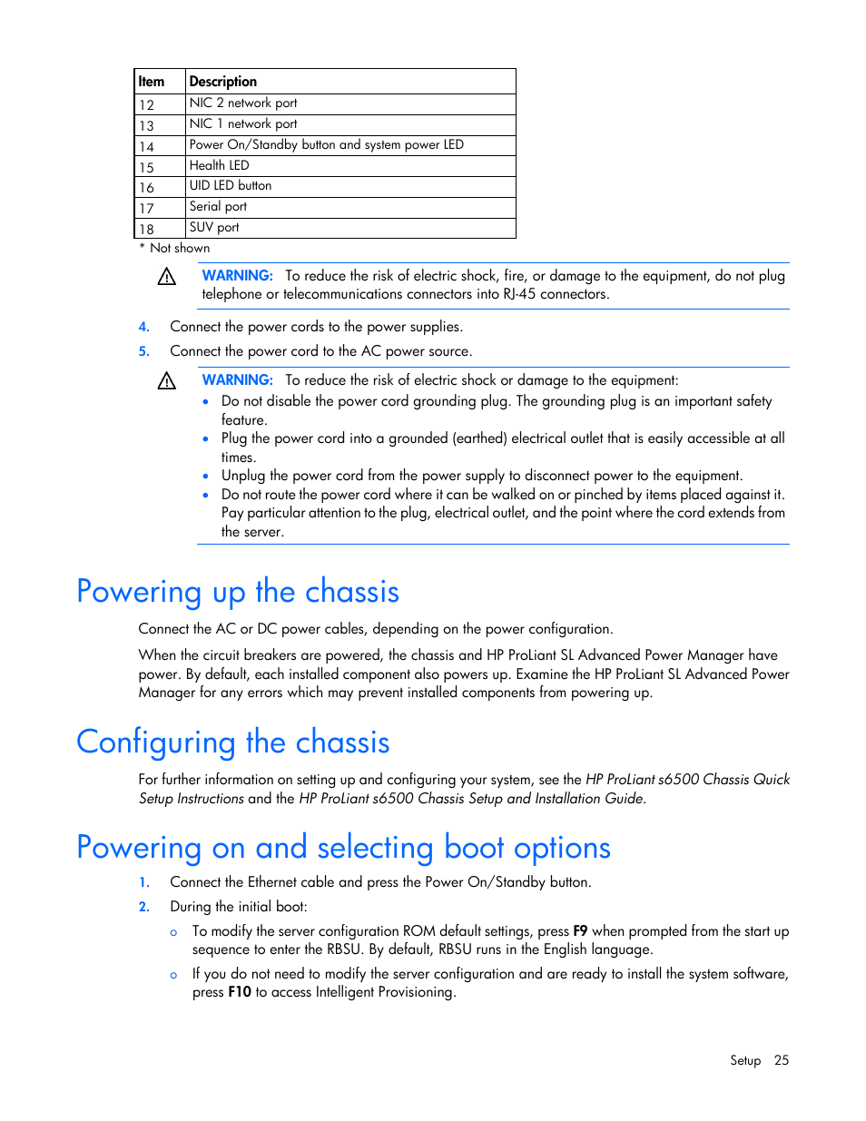 Powering up the chassis, Configuring the chassis, Powering on and selecting boot options | HP ProLiant SL270s Gen8 Server User Manual | Page 25 / 107