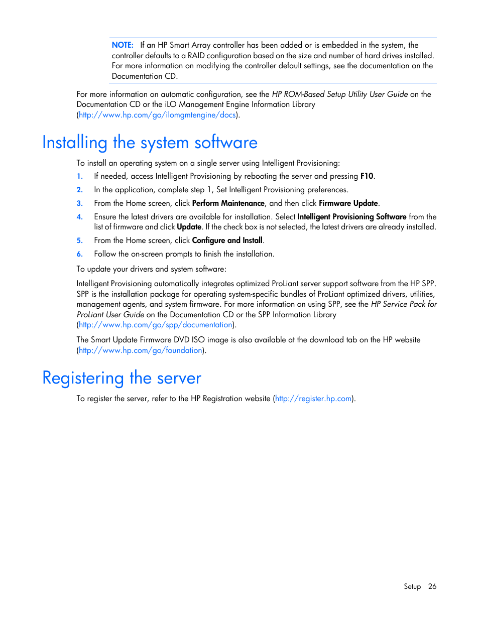 Installing the system software, Registering the server | HP ProLiant SL270s Gen8 Server User Manual | Page 26 / 107