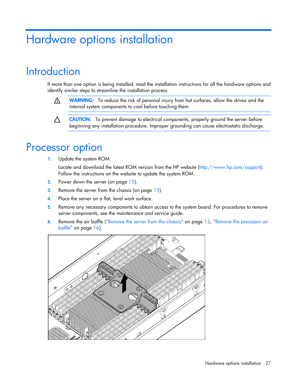 Hardware options installation, Introduction, Processor option | HP ProLiant SL270s Gen8 Server User Manual | Page 27 / 107