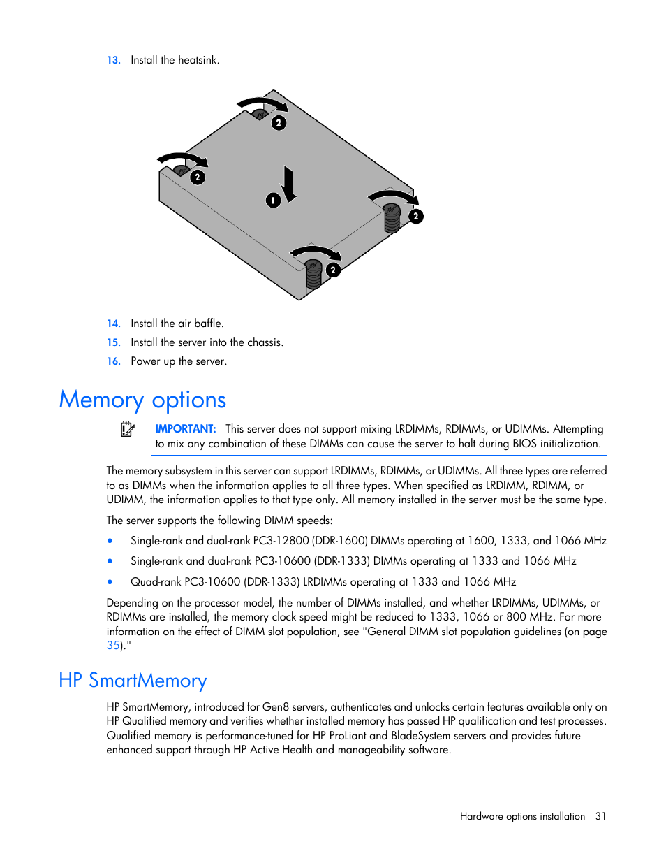 Memory options, Hp smartmemory | HP ProLiant SL270s Gen8 Server User Manual | Page 31 / 107