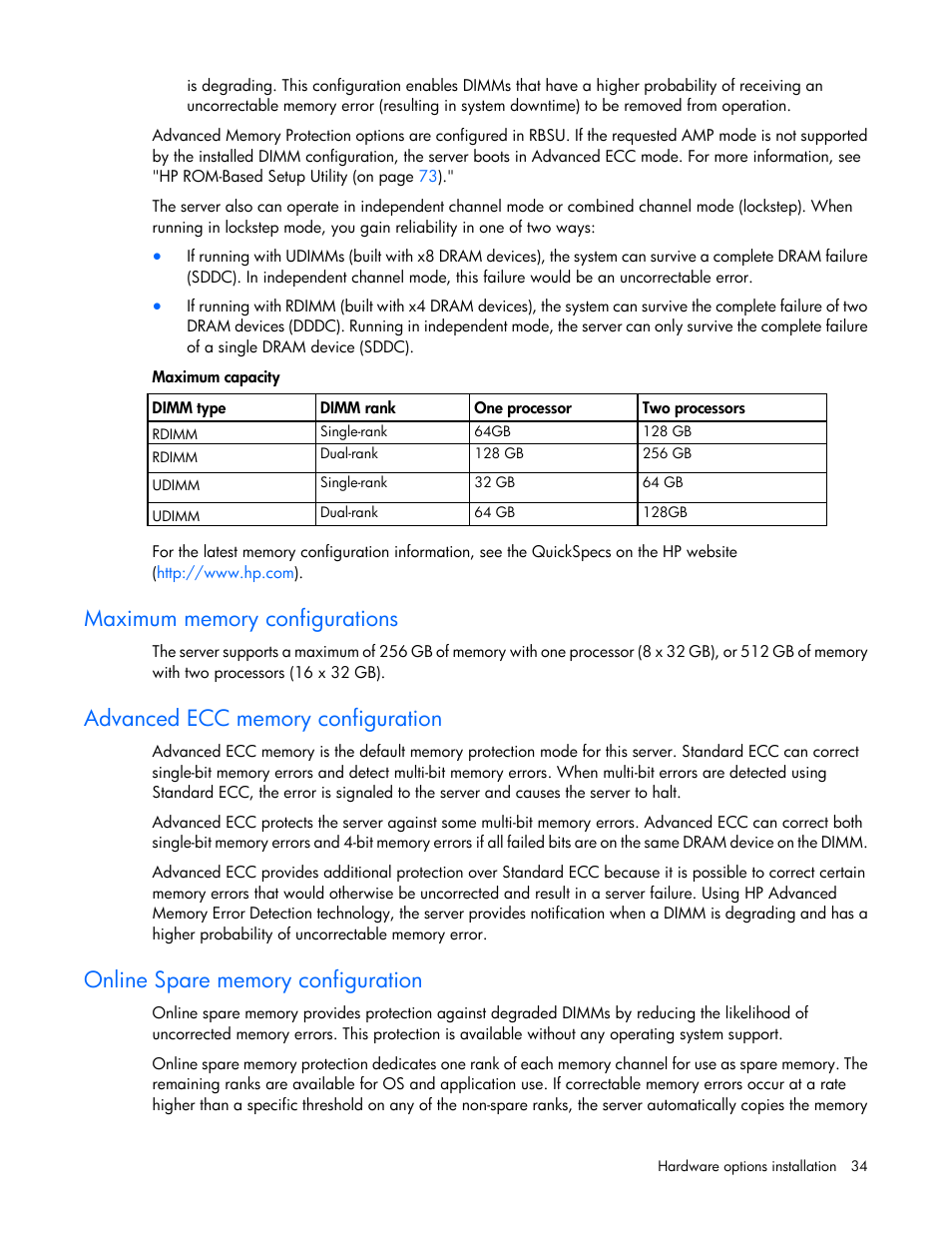 Maximum memory configurations, Advanced ecc memory configuration, Online spare memory configuration | HP ProLiant SL270s Gen8 Server User Manual | Page 34 / 107