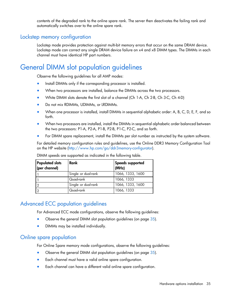 Lockstep memory configuration, General dimm slot population guidelines, Advanced ecc population guidelines | Online spare population | HP ProLiant SL270s Gen8 Server User Manual | Page 35 / 107