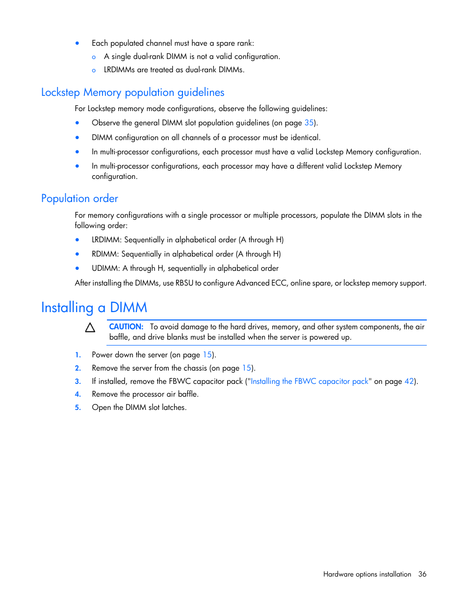 Lockstep memory population guidelines, Population order, Installing a dimm | HP ProLiant SL270s Gen8 Server User Manual | Page 36 / 107