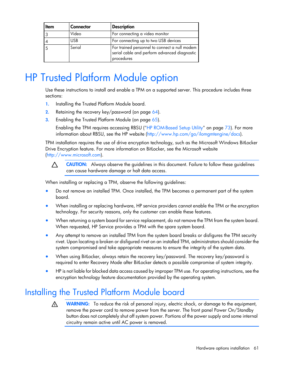 Hp trusted platform module option, Installing the trusted platform module board | HP ProLiant SL270s Gen8 Server User Manual | Page 61 / 107