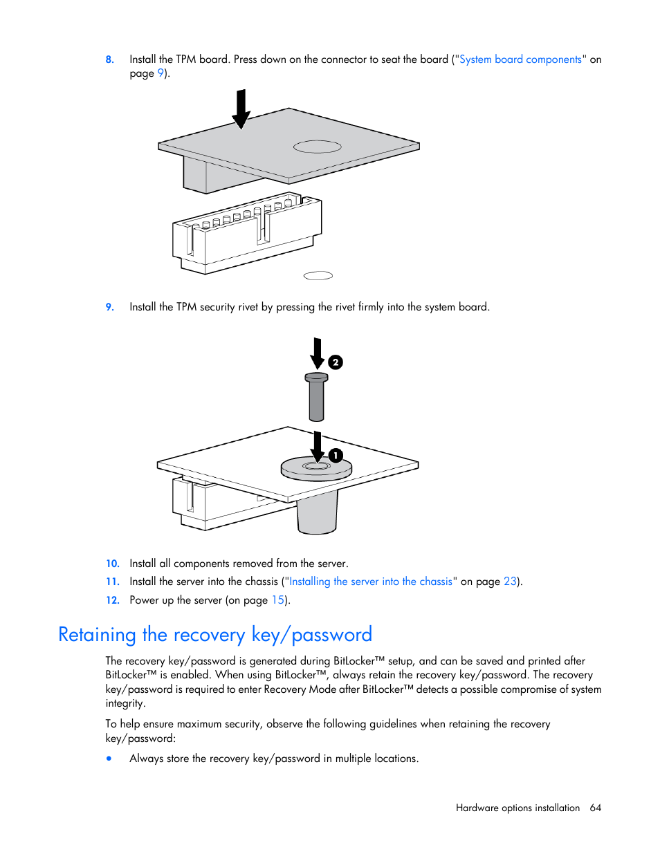Retaining the recovery key/password | HP ProLiant SL270s Gen8 Server User Manual | Page 64 / 107