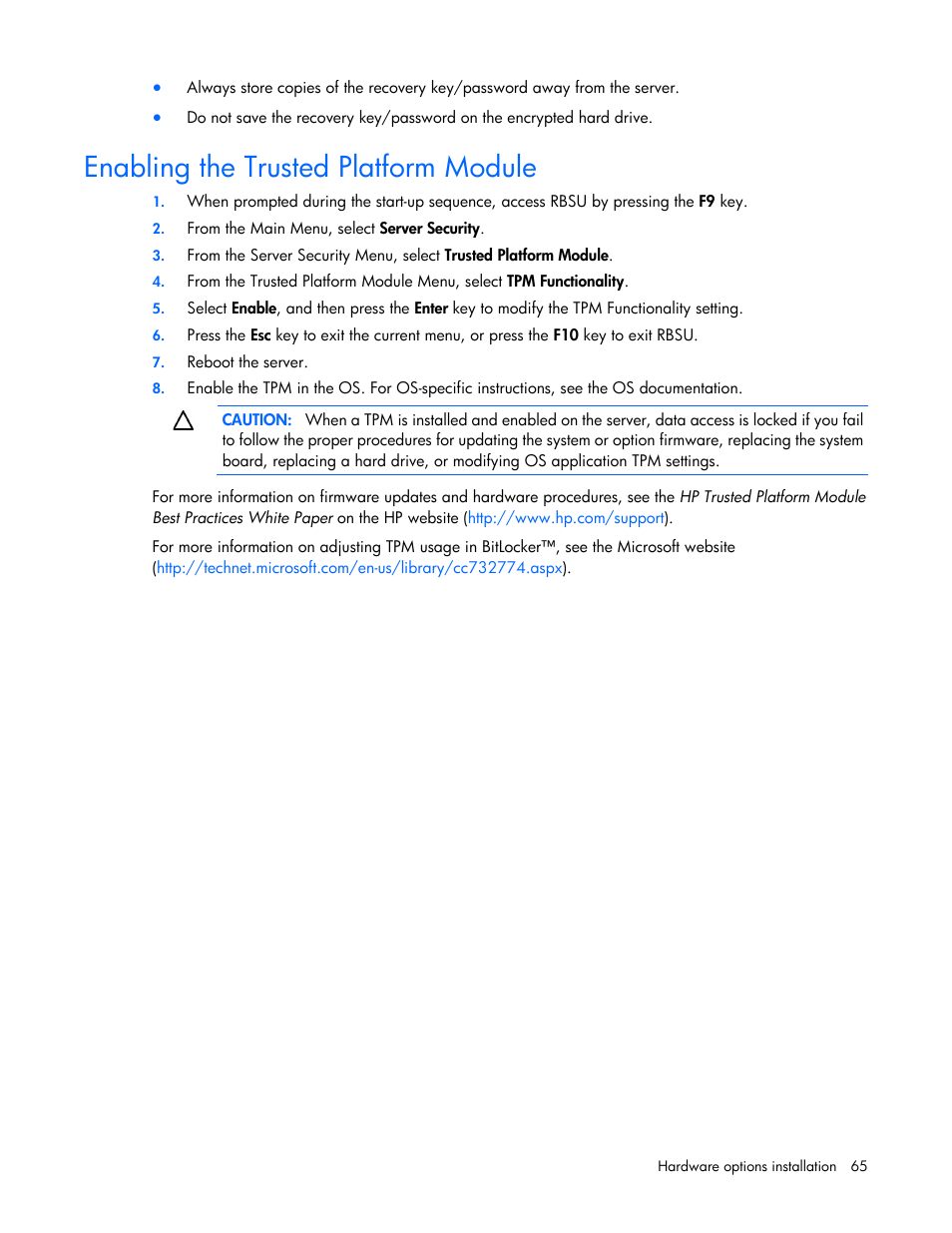 Enabling the trusted platform module | HP ProLiant SL270s Gen8 Server User Manual | Page 65 / 107