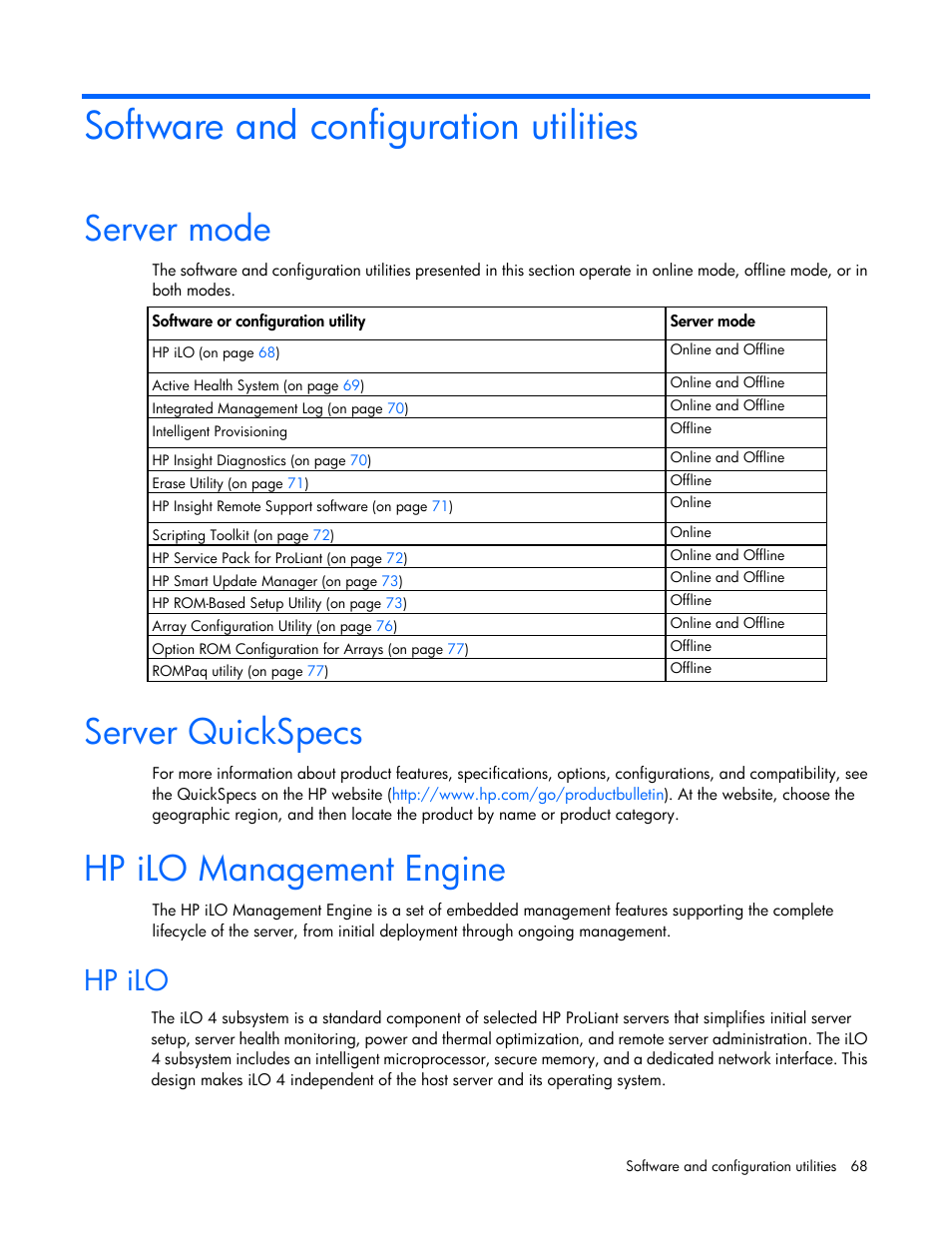 Software and configuration utilities, Server mode, Server quickspecs | Hp ilo management engine, Hp ilo | HP ProLiant SL270s Gen8 Server User Manual | Page 68 / 107