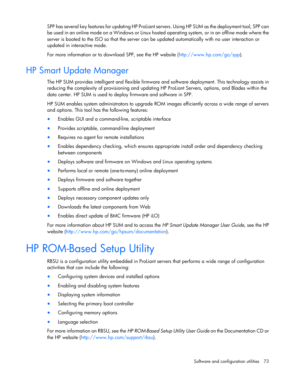 Hp smart update manager, Hp rom-based setup utility | HP ProLiant SL270s Gen8 Server User Manual | Page 73 / 107