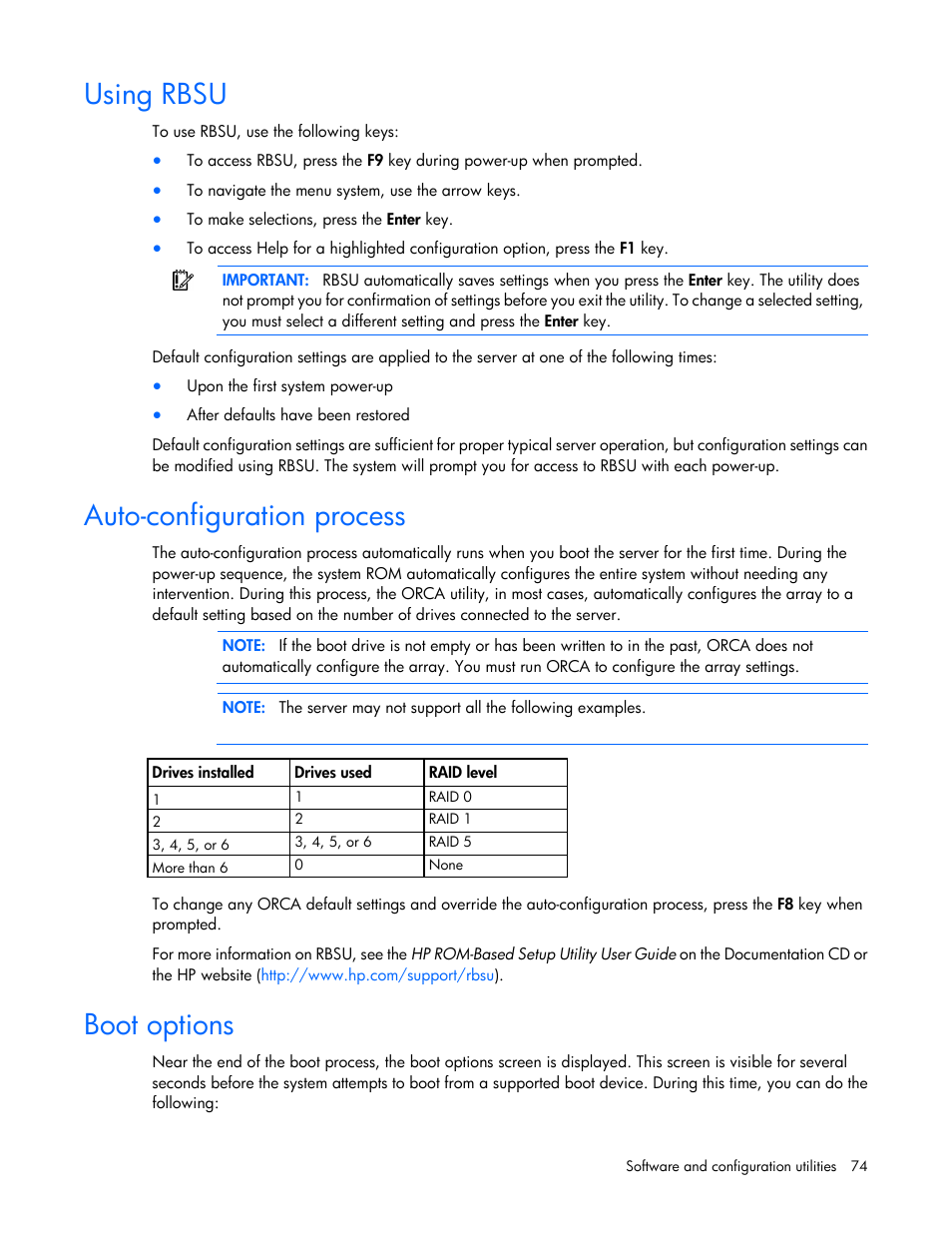 Using rbsu, Auto-configuration process, Boot options | HP ProLiant SL270s Gen8 Server User Manual | Page 74 / 107