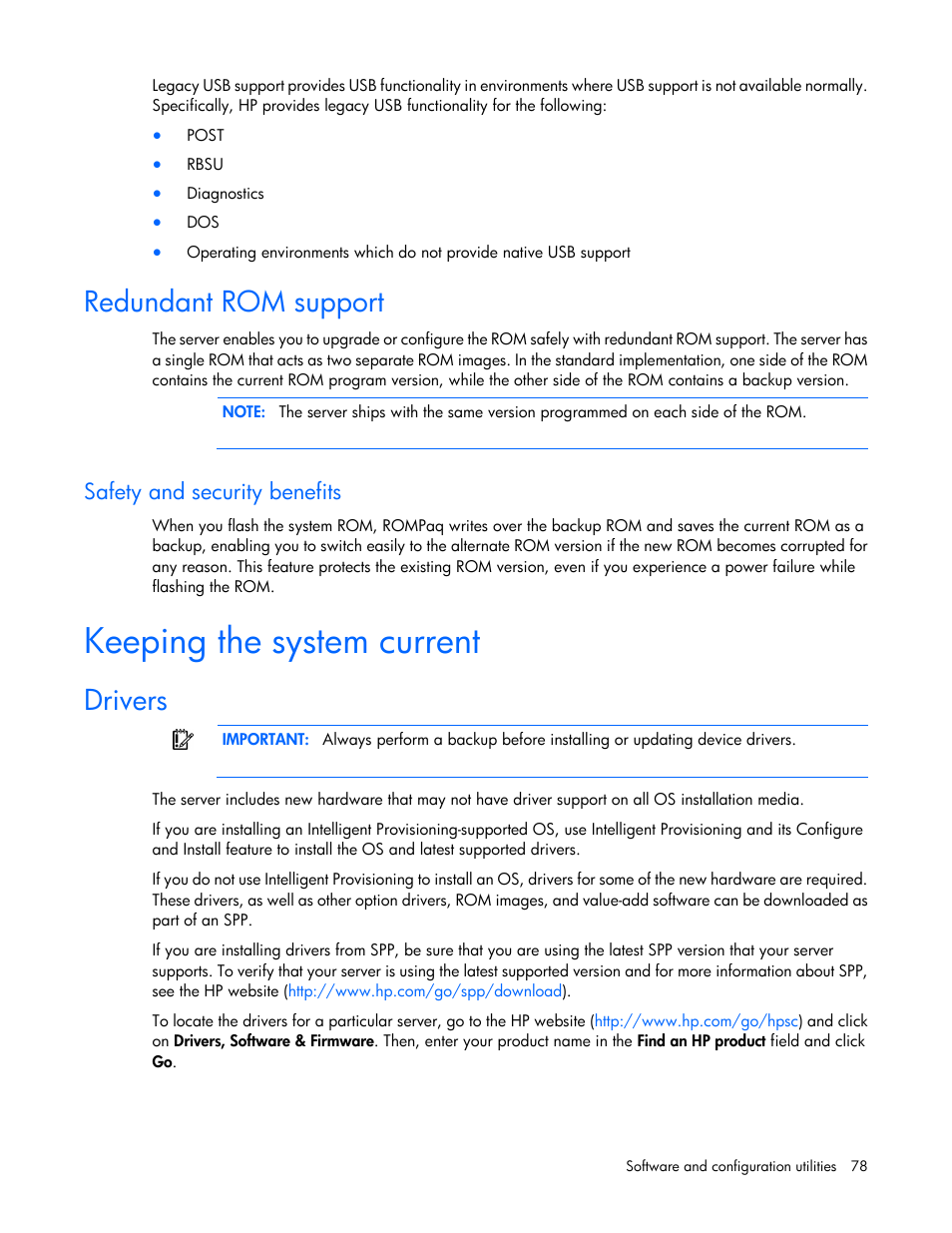 Redundant rom support, Safety and security benefits, Keeping the system current | Drivers | HP ProLiant SL270s Gen8 Server User Manual | Page 78 / 107