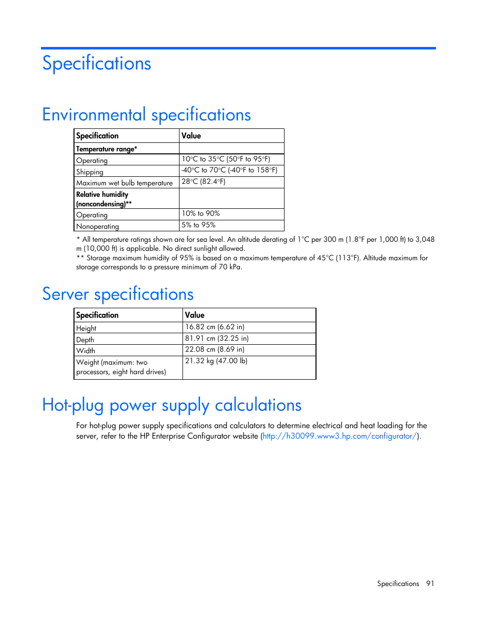 Specifications, Environmental specifications, Server specifications | Hot-plug power supply calculations | HP ProLiant SL270s Gen8 Server User Manual | Page 91 / 107