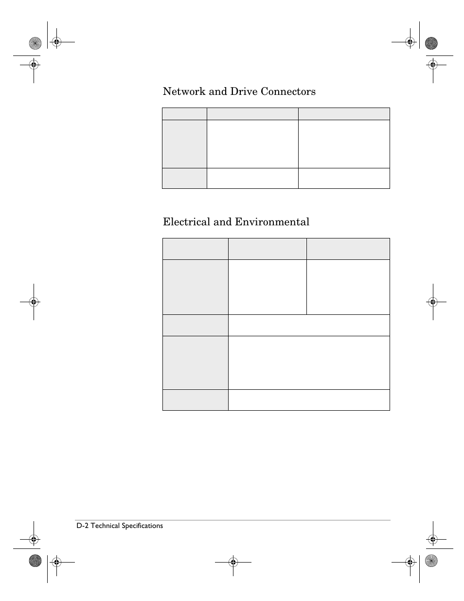 Network and drive connectors, Electrical and environmental | HP Surestore NAS User Manual | Page 96 / 110