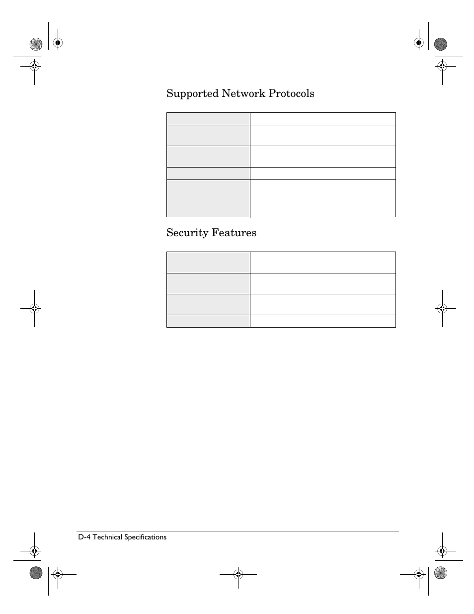 Supported network protocols, Security features, Supported network protocols security features | HP Surestore NAS User Manual | Page 98 / 110