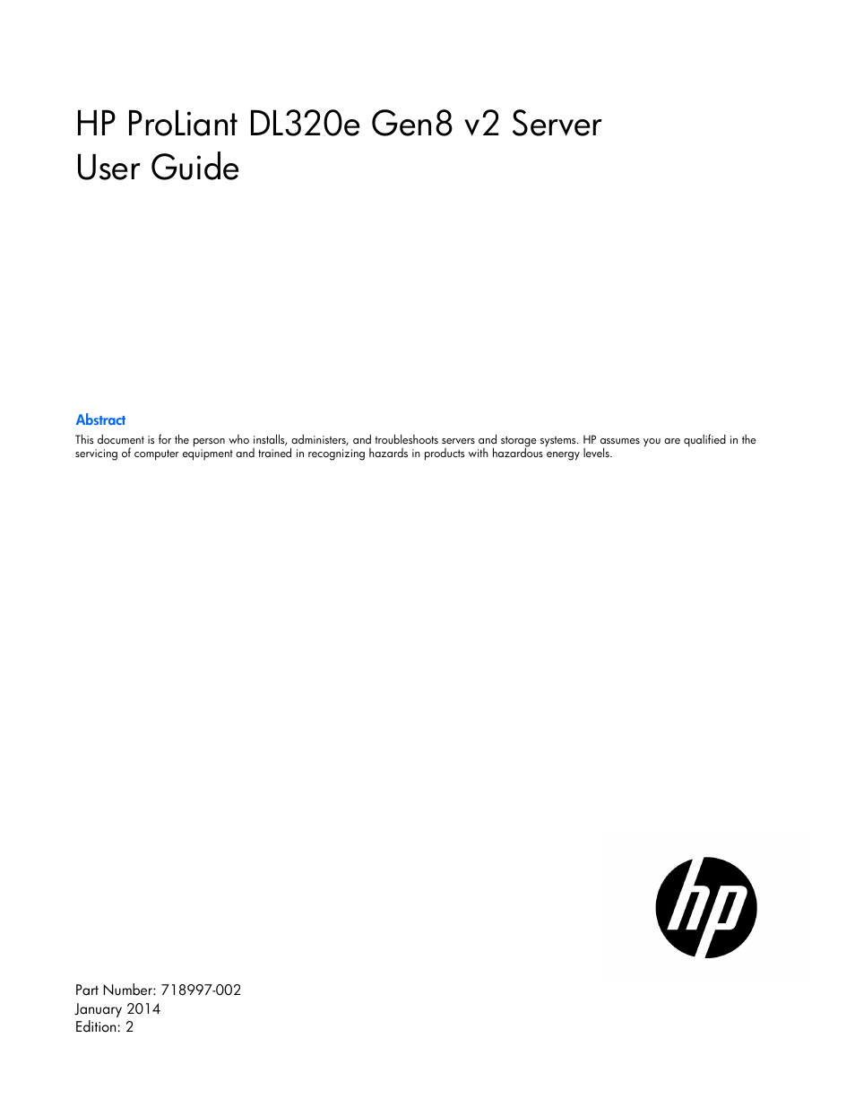 HP ProLiant DL320e Gen8 v2-Server User Manual | 100 pages