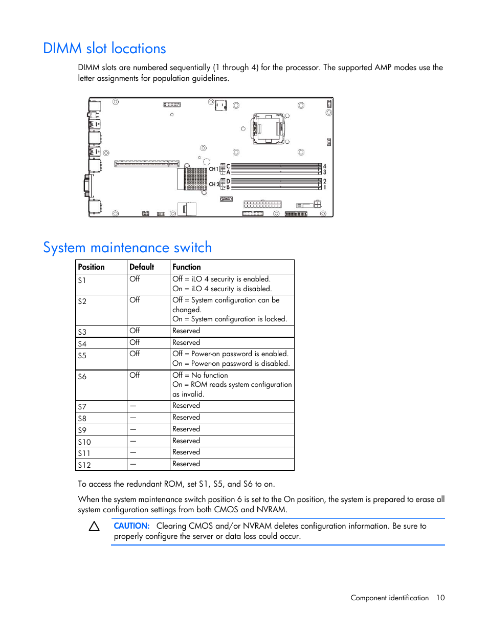 Dimm slot locations, System maintenance switch | HP ProLiant DL320e Gen8 v2-Server User Manual | Page 10 / 100