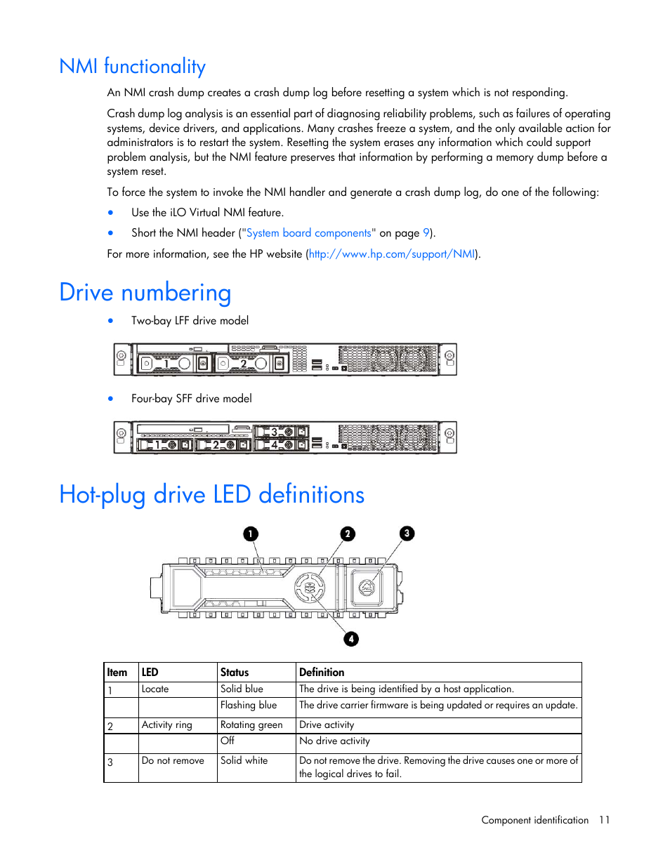 Nmi functionality, Drive numbering, Hot-plug drive led definitions | HP ProLiant DL320e Gen8 v2-Server User Manual | Page 11 / 100