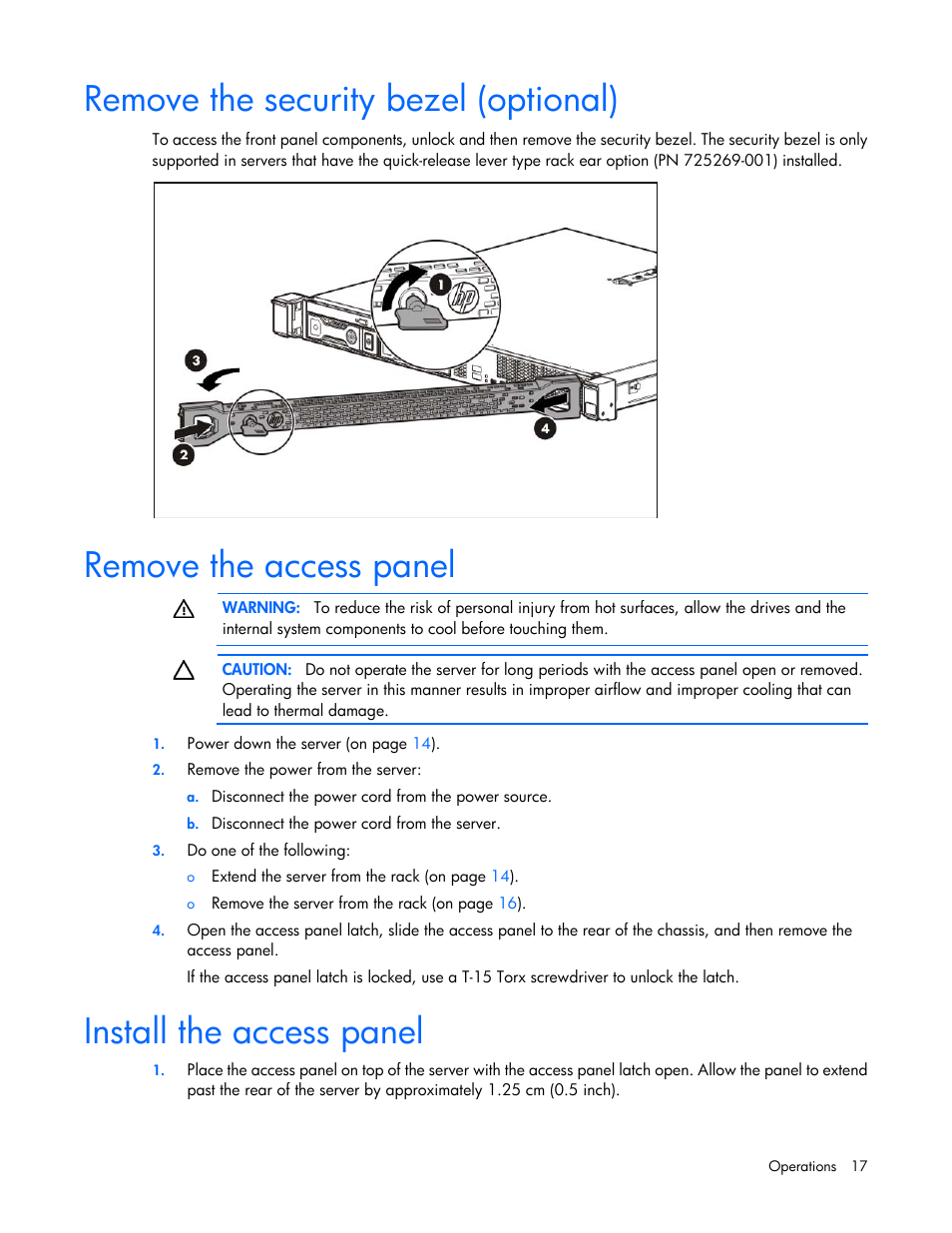 Remove the security bezel (optional), Remove the access panel, Install the access panel | HP ProLiant DL320e Gen8 v2-Server User Manual | Page 17 / 100