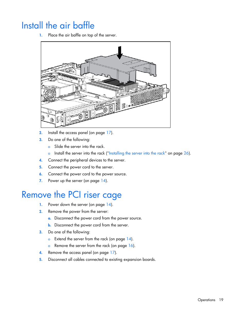 Install the air baffle, Remove the pci riser cage | HP ProLiant DL320e Gen8 v2-Server User Manual | Page 19 / 100