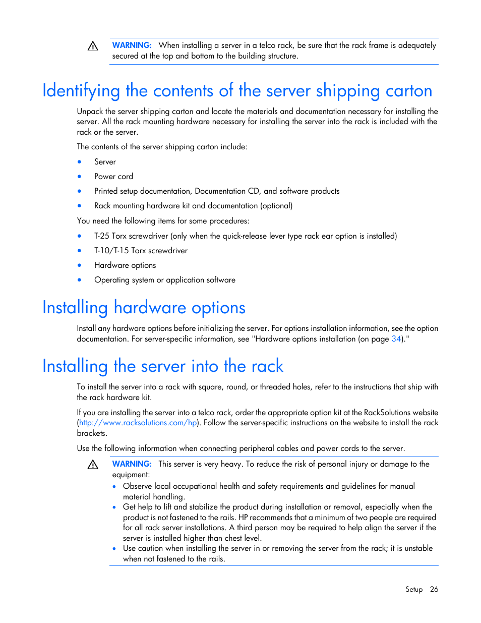 Installing hardware options, Installing the server into the rack | HP ProLiant DL320e Gen8 v2-Server User Manual | Page 26 / 100