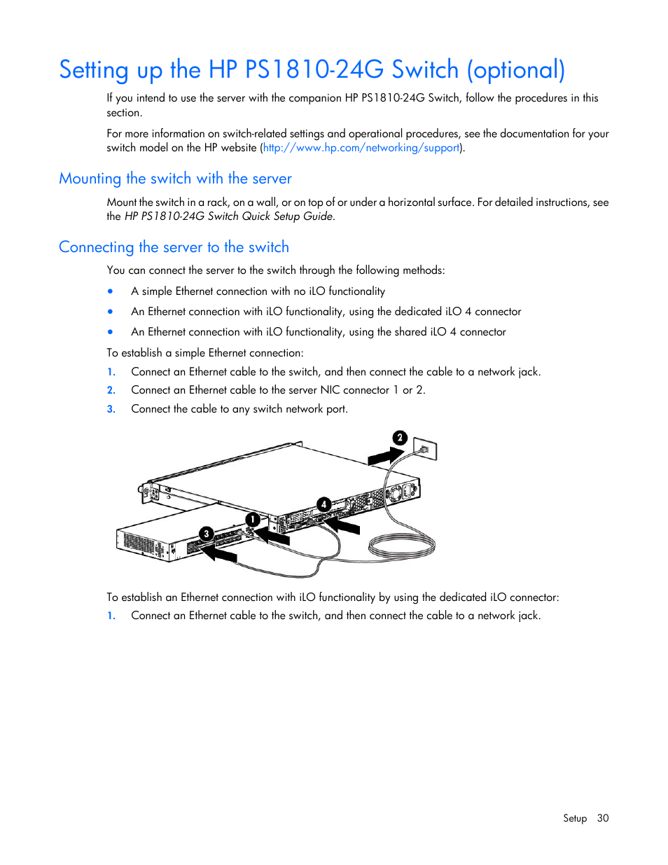 Setting up the hp ps1810-24g switch (optional), Mounting the switch with the server, Connecting the server to the switch | HP ProLiant DL320e Gen8 v2-Server User Manual | Page 30 / 100