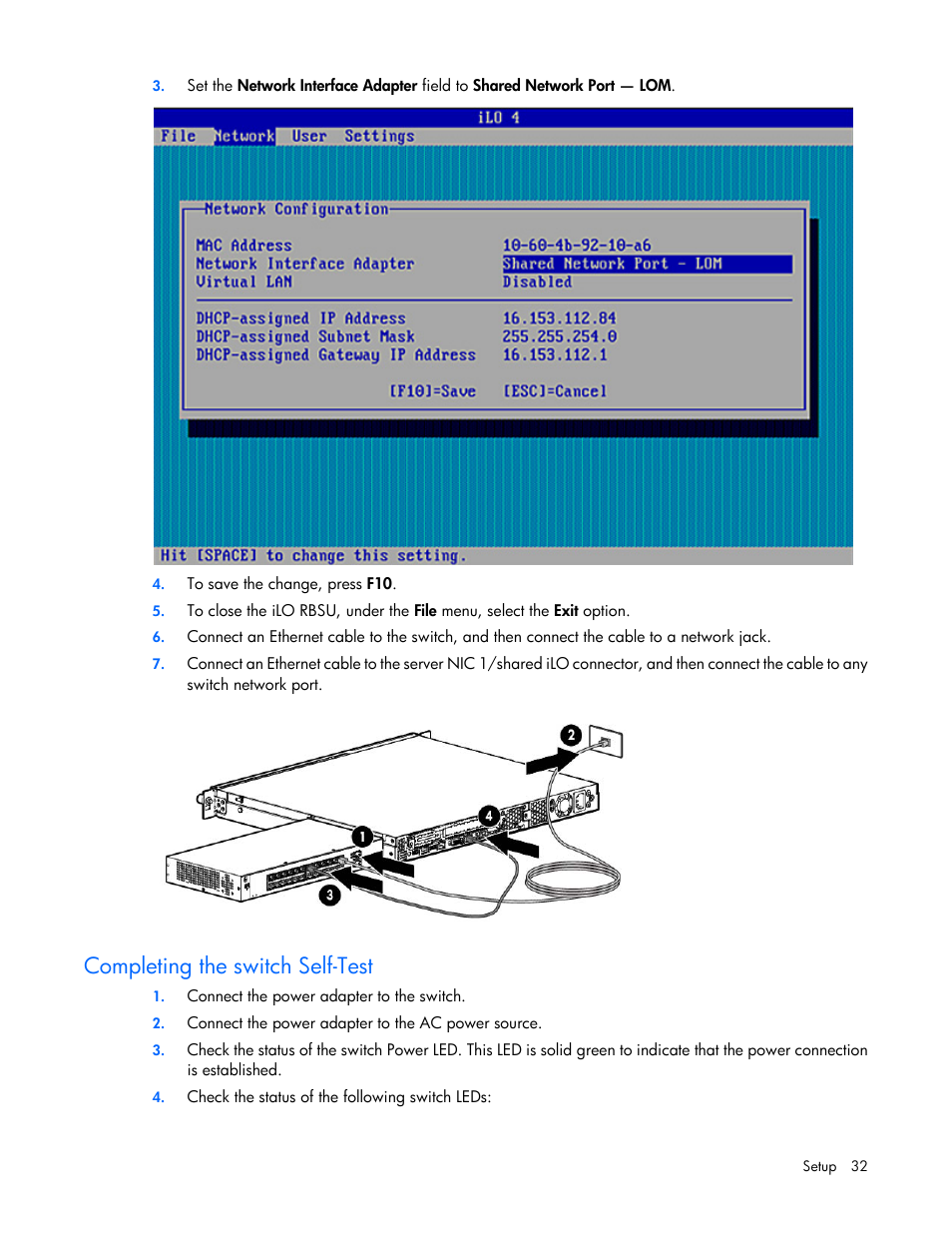 Completing the switch self-test | HP ProLiant DL320e Gen8 v2-Server User Manual | Page 32 / 100