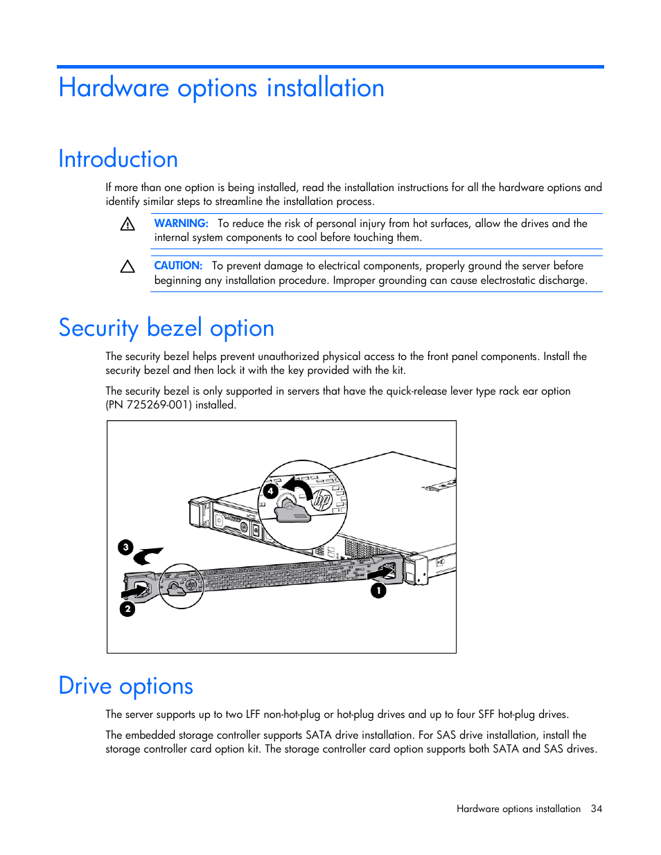 Hardware options installation, Introduction, Security bezel option | Drive options | HP ProLiant DL320e Gen8 v2-Server User Manual | Page 34 / 100