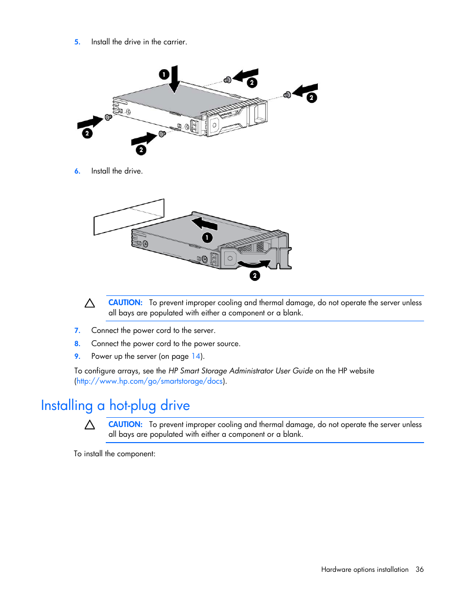 Installing a hot-plug drive | HP ProLiant DL320e Gen8 v2-Server User Manual | Page 36 / 100