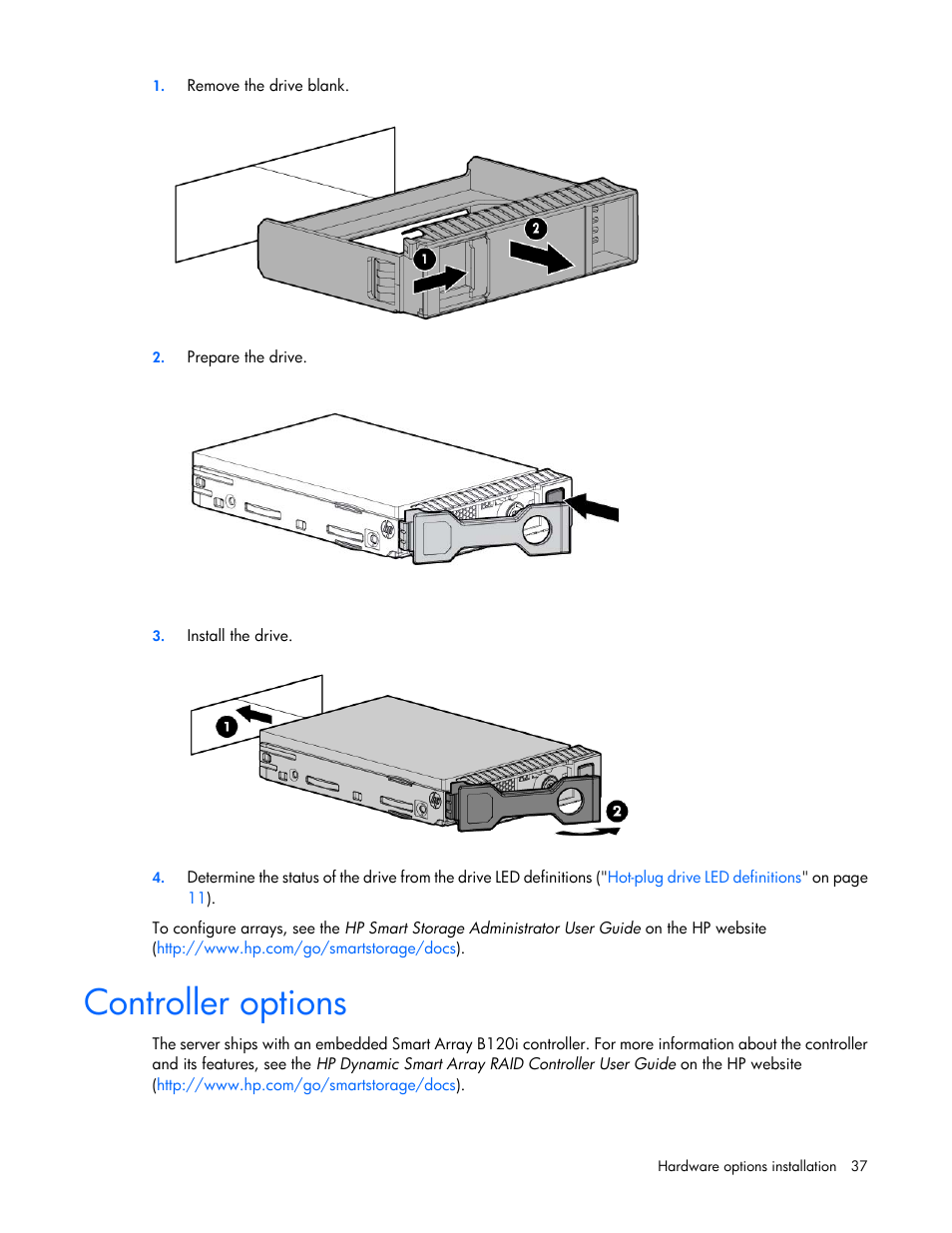 Controller options | HP ProLiant DL320e Gen8 v2-Server User Manual | Page 37 / 100