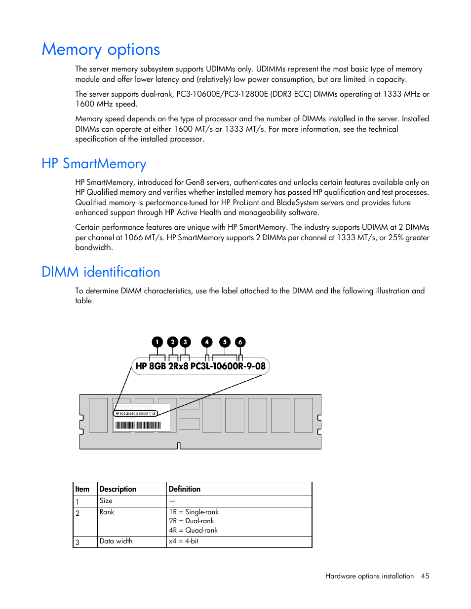Memory options, Hp smartmemory, Dimm identification | HP ProLiant DL320e Gen8 v2-Server User Manual | Page 45 / 100