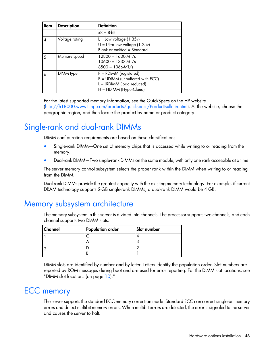 Single-rank and dual-rank dimms, Memory subsystem architecture, Ecc memory | HP ProLiant DL320e Gen8 v2-Server User Manual | Page 46 / 100