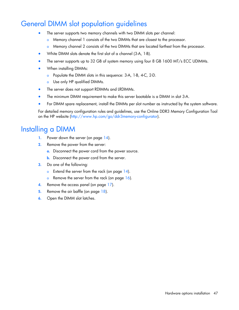 General dimm slot population guidelines, Installing a dimm | HP ProLiant DL320e Gen8 v2-Server User Manual | Page 47 / 100