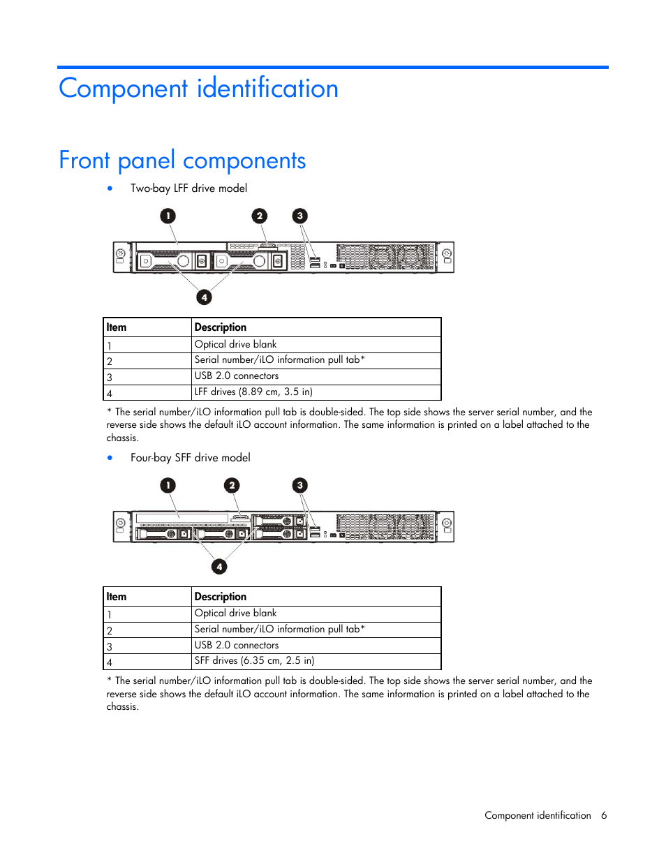 Component identification, Front panel components | HP ProLiant DL320e Gen8 v2-Server User Manual | Page 6 / 100