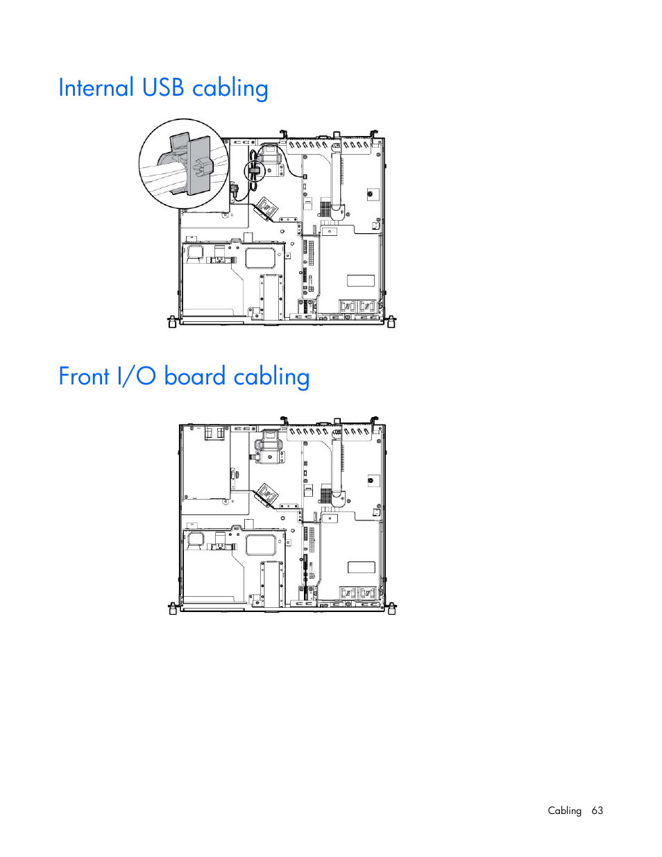 Internal usb cabling, Front i/o board cabling | HP ProLiant DL320e Gen8 v2-Server User Manual | Page 63 / 100