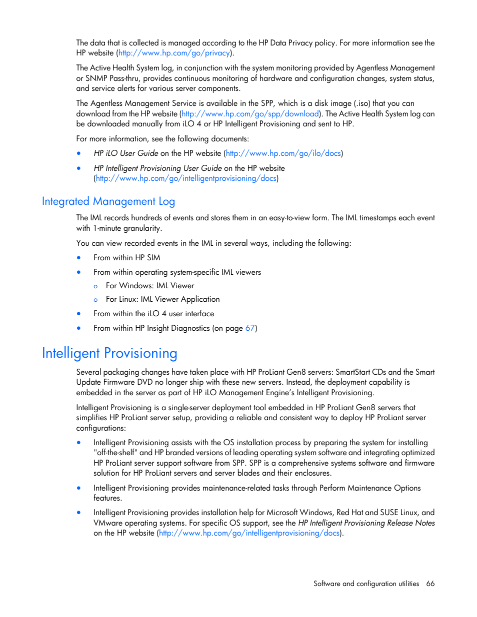 Integrated management log, Intelligent provisioning | HP ProLiant DL320e Gen8 v2-Server User Manual | Page 66 / 100