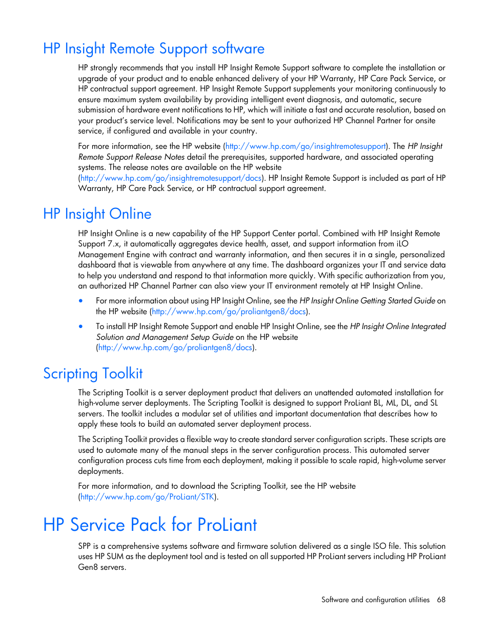 Hp insight remote support software, Hp insight online, Scripting toolkit | Hp service pack for proliant | HP ProLiant DL320e Gen8 v2-Server User Manual | Page 68 / 100