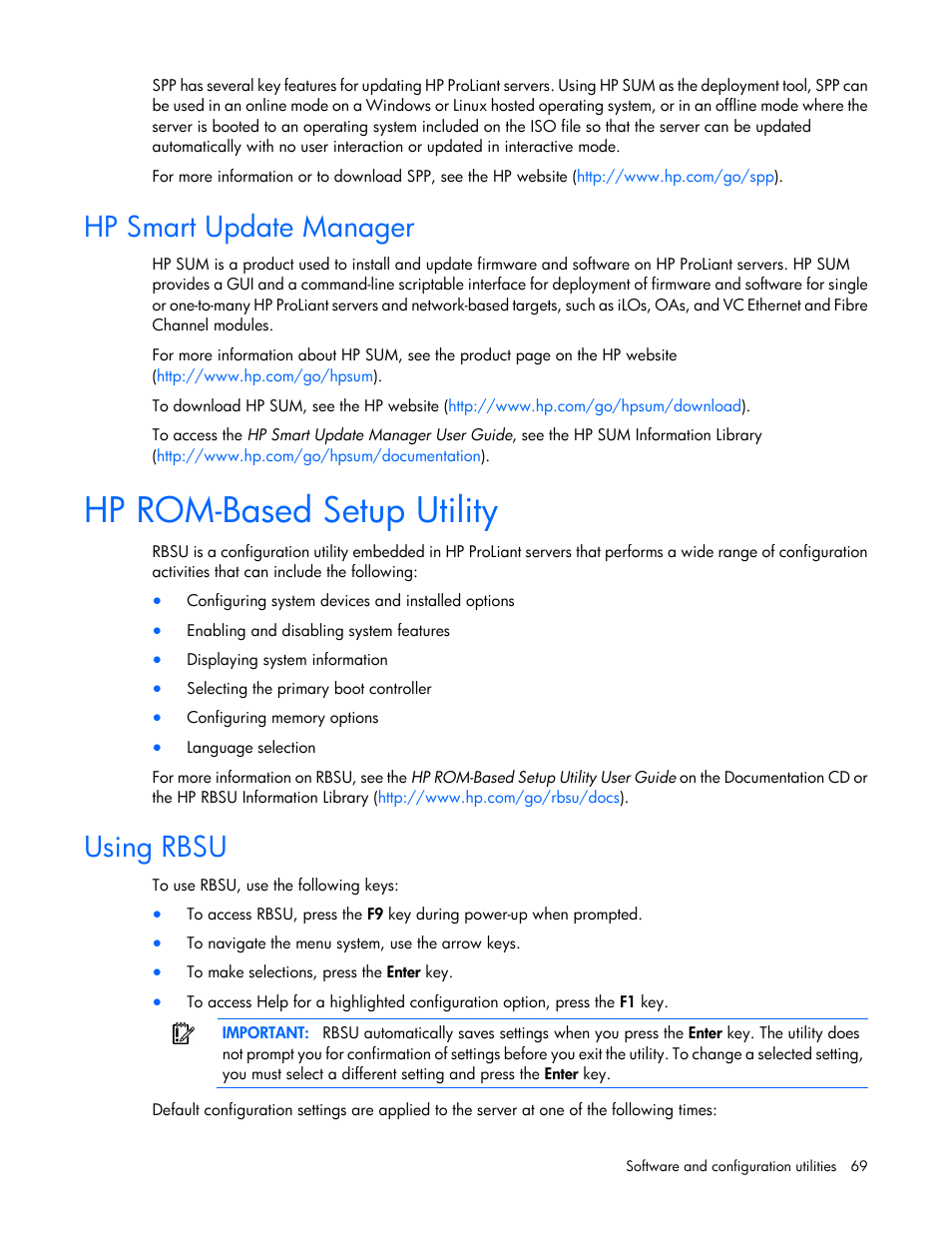 Hp smart update manager, Hp rom-based setup utility, Using rbsu | Hp rom-based setup, Utility | HP ProLiant DL320e Gen8 v2-Server User Manual | Page 69 / 100