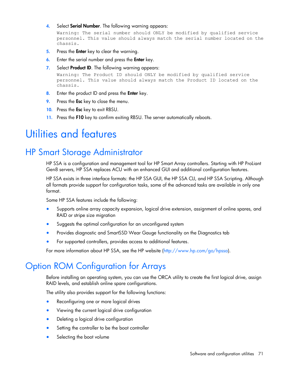 Utilities and features, Hp smart storage administrator, Option rom configuration for arrays | HP ProLiant DL320e Gen8 v2-Server User Manual | Page 71 / 100