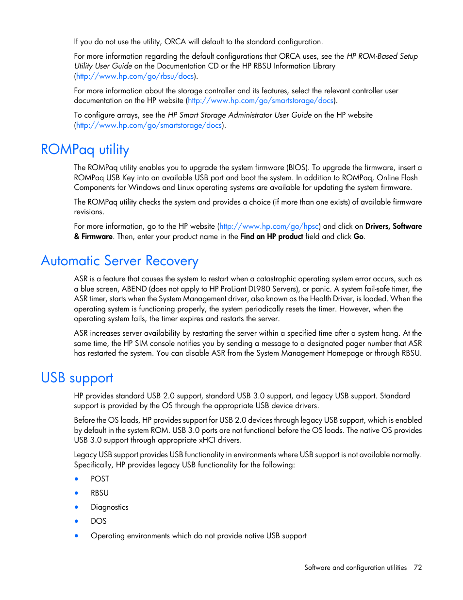 Rompaq utility, Automatic server recovery, Usb support | HP ProLiant DL320e Gen8 v2-Server User Manual | Page 72 / 100