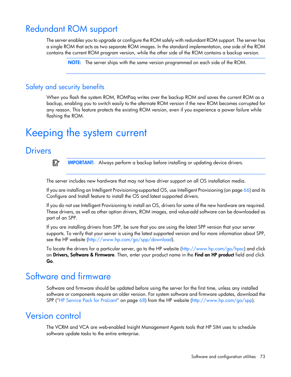 Redundant rom support, Safety and security benefits, Keeping the system current | Drivers, Software and firmware, Version control | HP ProLiant DL320e Gen8 v2-Server User Manual | Page 73 / 100