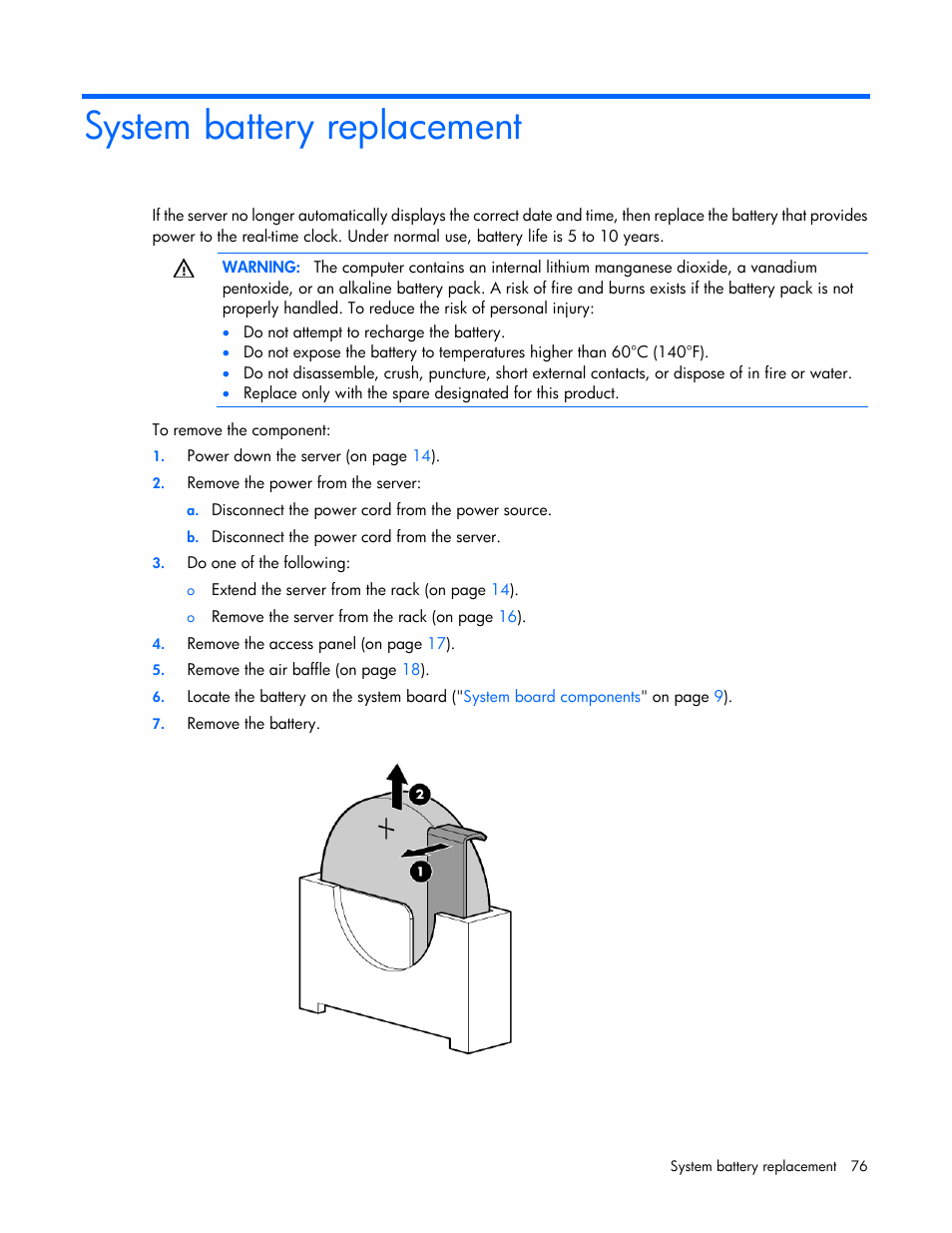 System battery replacement | HP ProLiant DL320e Gen8 v2-Server User Manual | Page 76 / 100