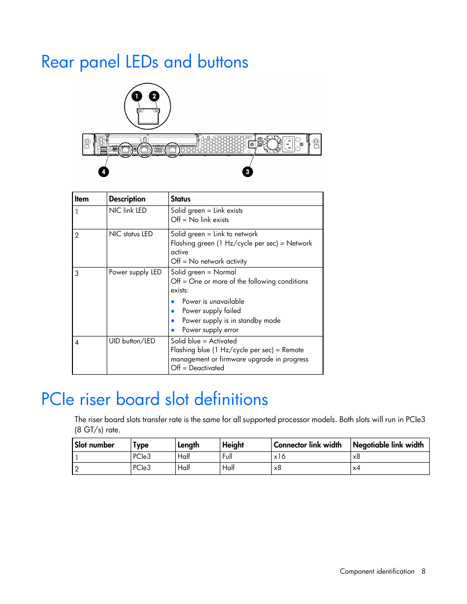 Rear panel leds and buttons, Pcie riser board slot definitions | HP ProLiant DL320e Gen8 v2-Server User Manual | Page 8 / 100