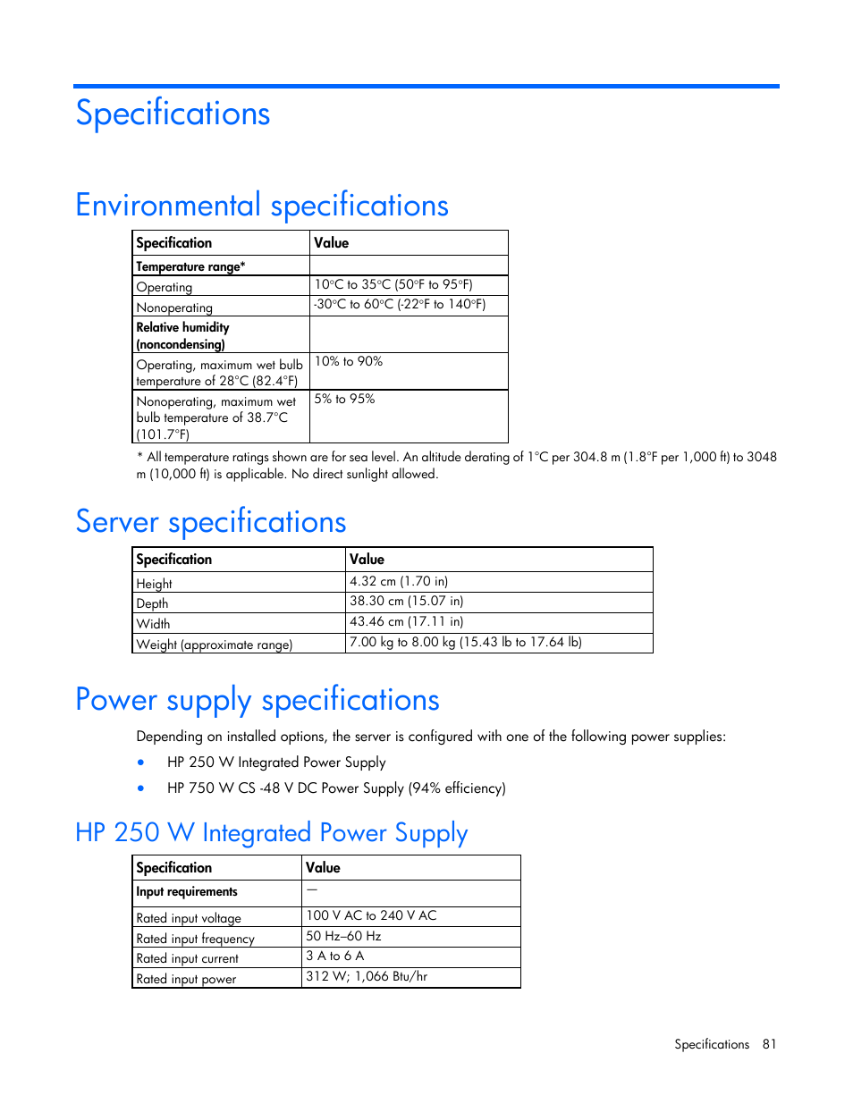 Specifications, Environmental specifications, Server specifications | Power supply specifications, Hp 250 w integrated power supply | HP ProLiant DL320e Gen8 v2-Server User Manual | Page 81 / 100