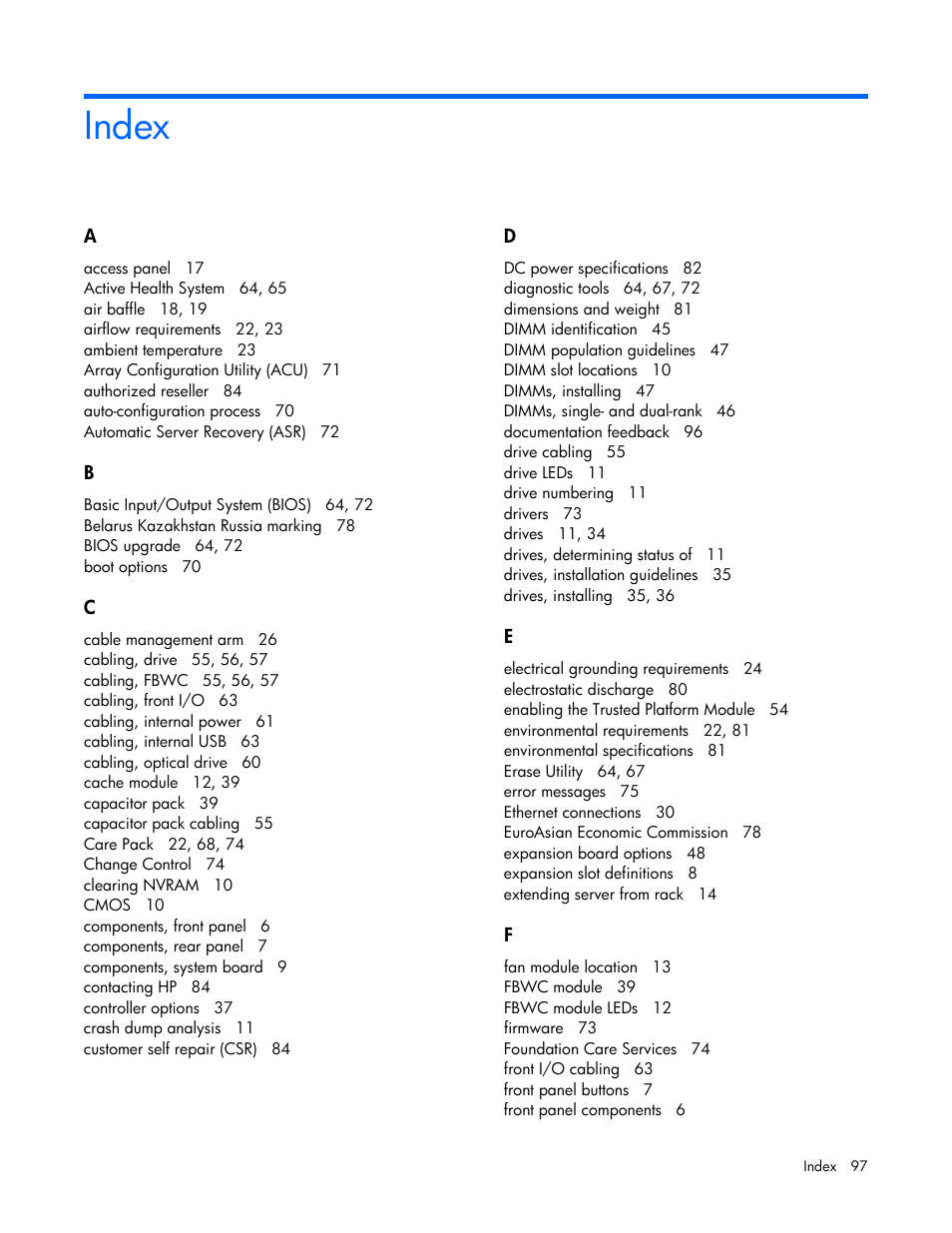 Index | HP ProLiant DL320e Gen8 v2-Server User Manual | Page 97 / 100